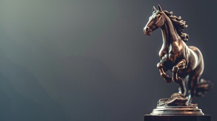 Bronze statue of a horse in dynamic pose on dark background