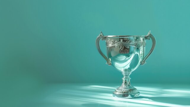 An elegant silver trophy stands out against a teal background, symbolizing achievement and victory