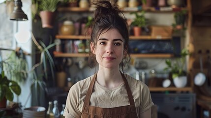 a woman in a brown apron blurred kitchen background ai generative images