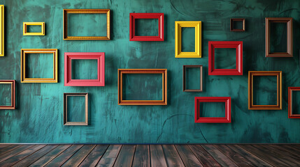 The image you’ve described features a captivating arrangement of empty picture frames - obrazy, fototapety, plakaty