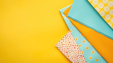 Brightly colored envelopes and polka dot patterned paper against a yellow background