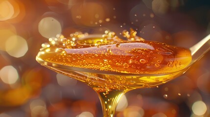 Golden_Honey_Drizzle_on_Spoon_Closeup ,Thick honey dripping from a spoon closeup high detail Hyperrealistic photo
