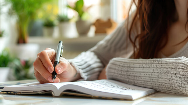 Close-up of a woman's hands as she pens her thoughts into a notebook, surrounded by a warm, sunlit space