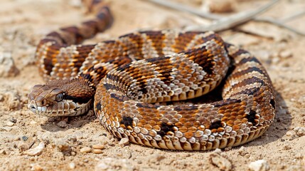 Fototapeta premium A snake is coiled up on the ground, showing its scaled body and distinctive pattern ai generative images