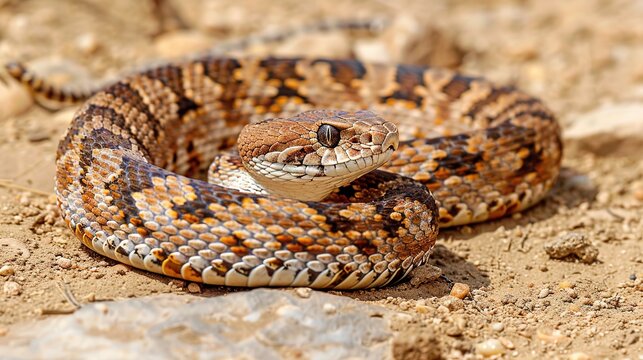 A snake is coiled up on the ground, showing its scaled body and distinctive pattern ai generative images
