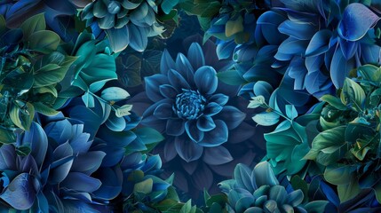 Elegant Blue and Green Floral Abstract with Foliage Border Macro.