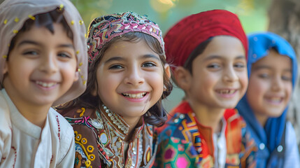Stock photo of a group of children wearing traditional clothes, celebrating Ramadan with smiles and joy.
