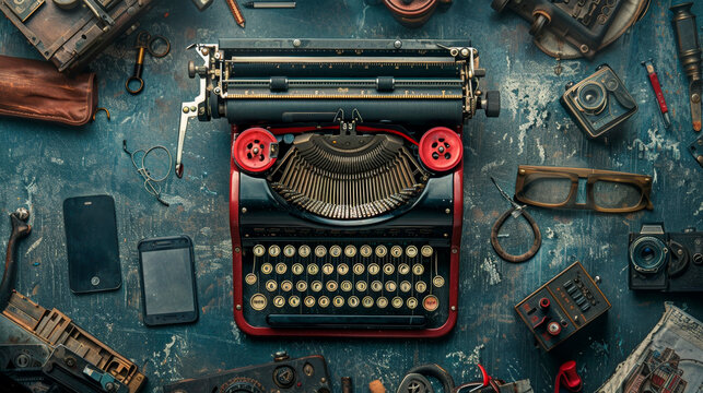 An antique typewriter rests on a wooden desk, encircled by vintage items such as aged books, a retro lamp, and an old mug, painting a scene of historical charm and literary allure. Banner. Copy space.