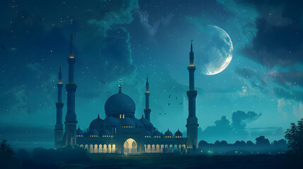 **Digital artwork of a mosque bathed in moonlight with 'Ramadan Mubarak 2024' glowing in the sky above.