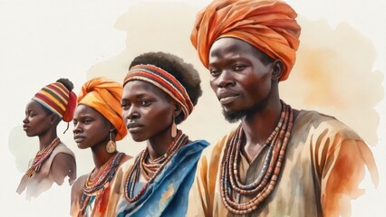Diverse portraits of African people celebrating their heritage. Watercolor illustration. Africa Day.