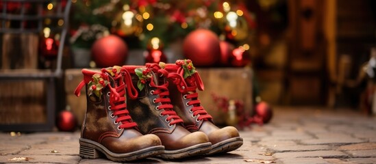 A pair of Christmas boots made of carminecolored leather are displayed as a fashion accessory on the hardwood flooring in front of a decorated Christmas tree in the room - Powered by Adobe