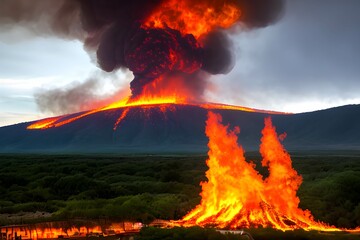 火山の噴火で補脳と煙が吹き出す災害の様子、流れ出す溶岩、火山灰 - obrazy, fototapety, plakaty