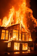 住宅火災で補脳に包まれる家、危険な状態 - 758427841