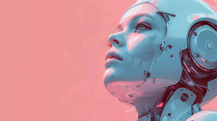 Close-up of a female android's face, showcasing futuristic technology and artificial intelligence against a vibrant pink background..