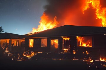 住宅火災で補脳に包まれる家、危険な状態 - 758427872
