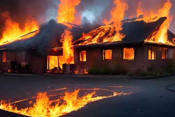 住宅火災で補脳に包まれる家、危険な状態 - 758427888