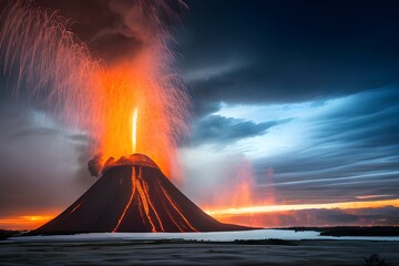 火山の噴火で補脳と煙が吹き出す災害の様子、流れ出す溶岩、火山灰 - 758427890