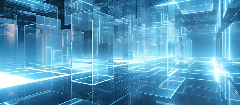A computer generated image of a futuristic room with electric blue cubes floating in water. The room features glass walls, symmetry, and transparent materials showcasing modern technology