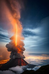 火山の噴火で補脳と煙が吹き出す災害の様子、流れ出す溶岩、火山灰 - 758428005