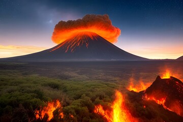 火山の噴火で補脳と煙が吹き出す災害の様子、流れ出す溶岩、火山灰 - obrazy, fototapety, plakaty