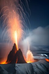 火山の噴火で補脳と煙が吹き出す災害の様子、流れ出す溶岩、火山灰 - 758428031