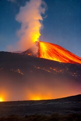 火山の噴火で補脳と煙が吹き出す災害の様子、流れ出す溶岩、火山灰 - 758428032