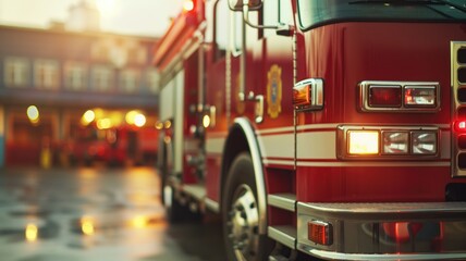 Blurred fire truck on duty at sunset in the city, with glowing lights and reflections