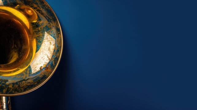 A trombone bell casts a golden reflection, creating a harmonious blend of music and visual art