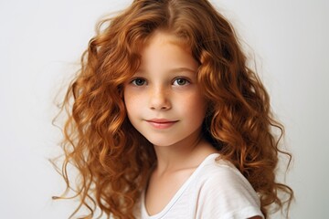 Portrait of a cute little girl with long curly red hair.