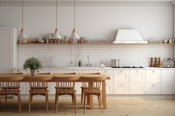 Scandinavian-style kitchen, white table and cabinets, wooden chairs, large spacious room with a large window, bright interior.