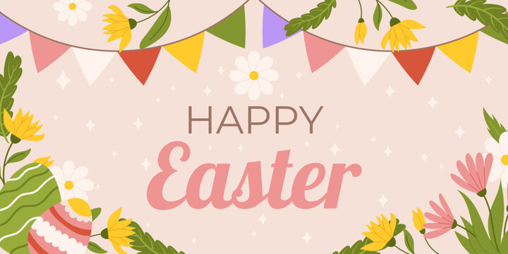 Easter horizontal background template. Design for celebration spring holiday with flowers, painted eggs, bunting garland with colorful flags