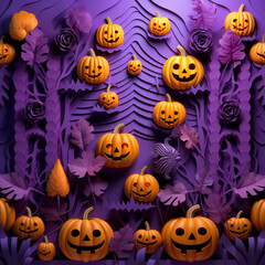 Purple and orange halloween background with various pumpkins created with Generative Ai