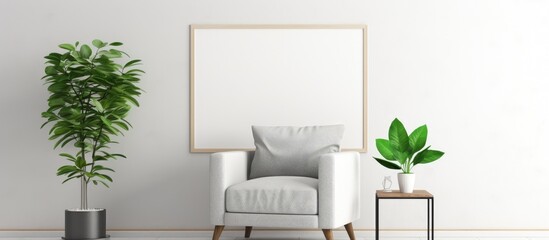 Armchair and table in a living room with plant and poster