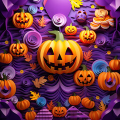 Purple and orange halloween background with various pumpkins created with Generative Ai