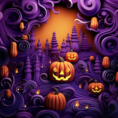 Obraz na płótnie Canvas Purple and orange halloween background with various pumpkins created with Generative Ai