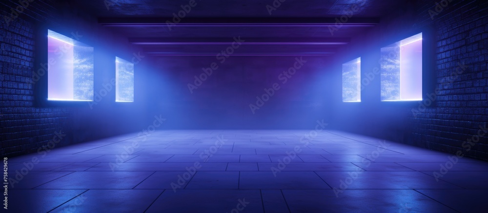 Poster a rectangular room filled with darkness, gas, and tints of electric blue light emitting from the win