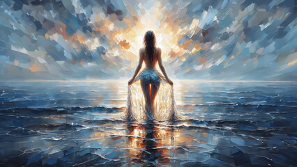 painting of a woman standing in the water with her back to the camera