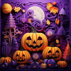 Purple and orange halloween background with various pumpkins created with Generative Ai