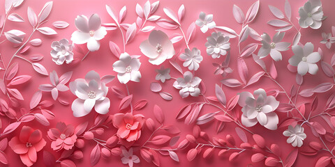   3d white floral papercut art on pink background and wallpaper for decorative design elements, greeting card Happy Mother s Day, Women s Day concept 