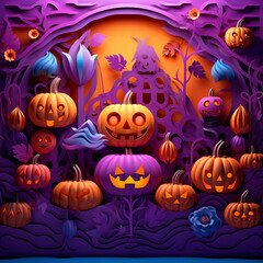 Purple and orange halloween background with various pumpkins created with Generative Ai