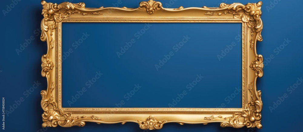 Poster a rectangular gold picture frame is displayed on an electric blue azure wall, creating symmetry and 