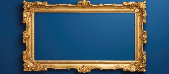 A rectangular gold picture frame is displayed on an electric blue Azure wall, creating symmetry and enhancing the artistic pattern of the wood frame - obrazy, fototapety, plakaty