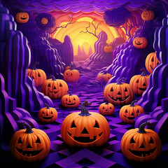 Purple and orange halloween background with various pumpkins created with Generative Ai