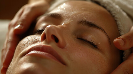 A persons face in peaceful relaxation as a reflexologist gently massages their temples believed to ease headaches and promote overall wellbeing.