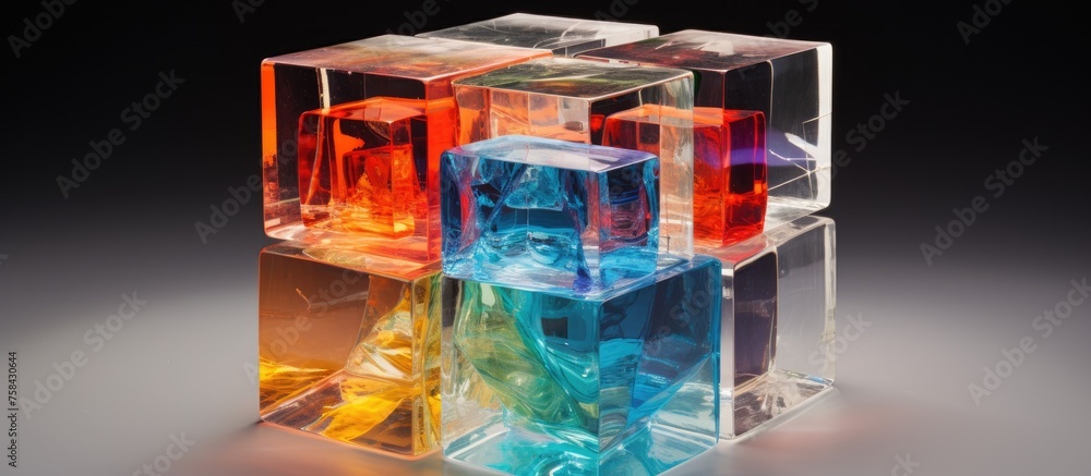 Poster an artful display of a glass rectangle filled with various liquid colors sits on a table. the transp