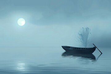 Surreal Boat with Feather Oars on Tranquil Waters Under a Misty Moon, Symbolic of Peace and Solitude