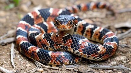 Fototapeta premium A snake is coiled up on the ground, showing its scaled body and distinctive pattern ai generative images