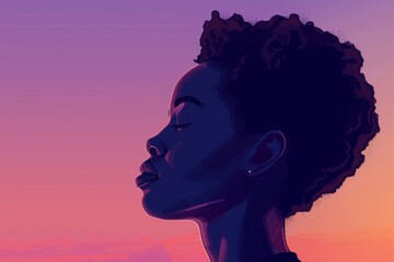 Graceful African Woman Silhouette Against Sunset Sky, Perfect for Themes of Serenity and Beauty