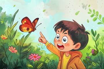 Curious Child in Awe of a Butterfly in a Flower Garden - Moments of Nature Discovery