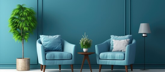 Interior of a vintage living room with blue armchairs on a white floor and blue wall.